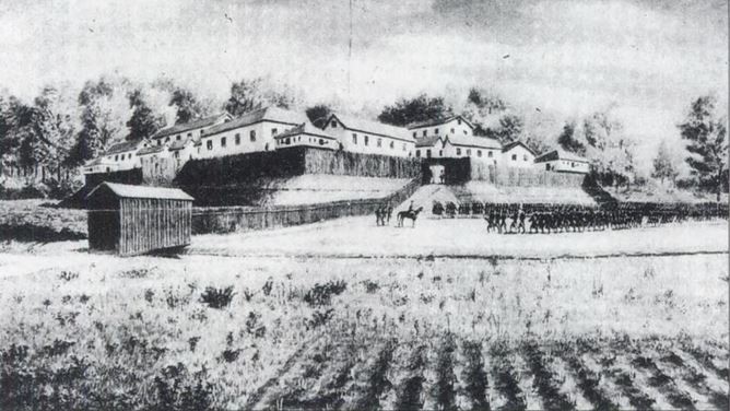 An illustration depicting British troops in front of Fort Lernoult preparing to leave to raid American forces in Ohio during the American Revolution