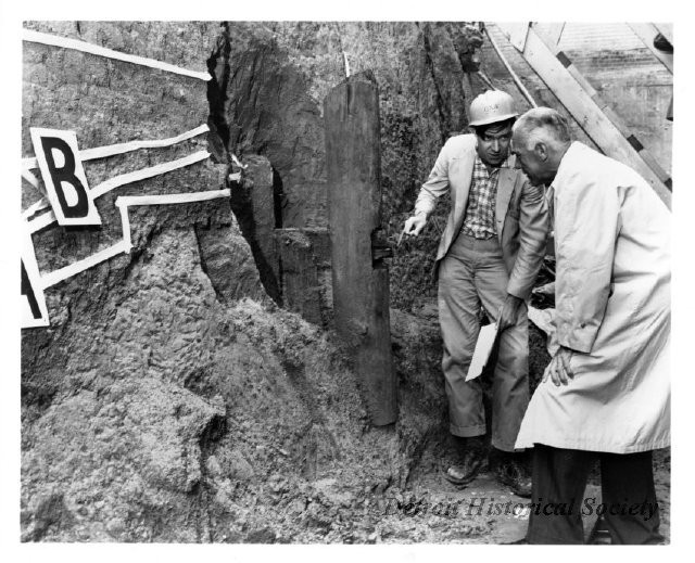 Excavations in the 1960s on the fort site revealed this original wooden flagpole. Thousands of artifacts from the excavations are held in the Anthropology Museum at Wayne State University