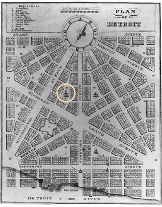 Augustus Woodward's 1805 plan for the city of Detroit after fire destroyed much of the city, with the territorial courthouse circled