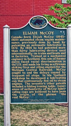 Historical marker of McCoy's workshop, at 229 West Michigan Ave in Ypsilanti