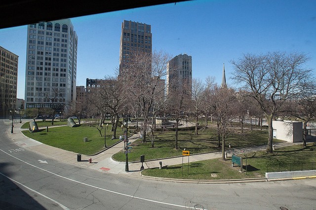 Grand Circus Park, originally intended to be a whole circle from which the rest of the Woodward's Plan radiated