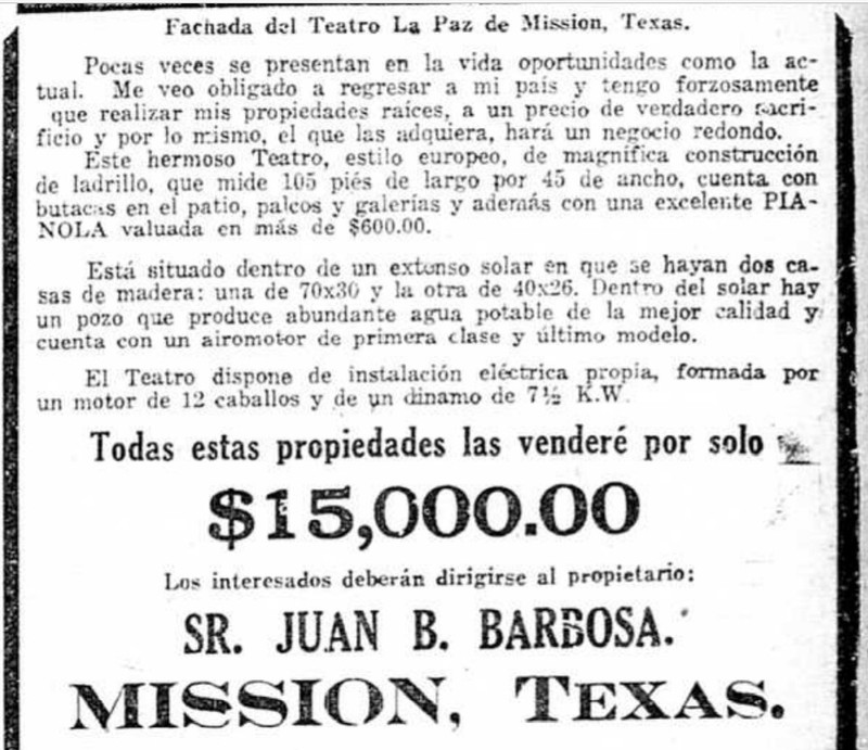 1920 advertisement for theater in Spanish language newspaper