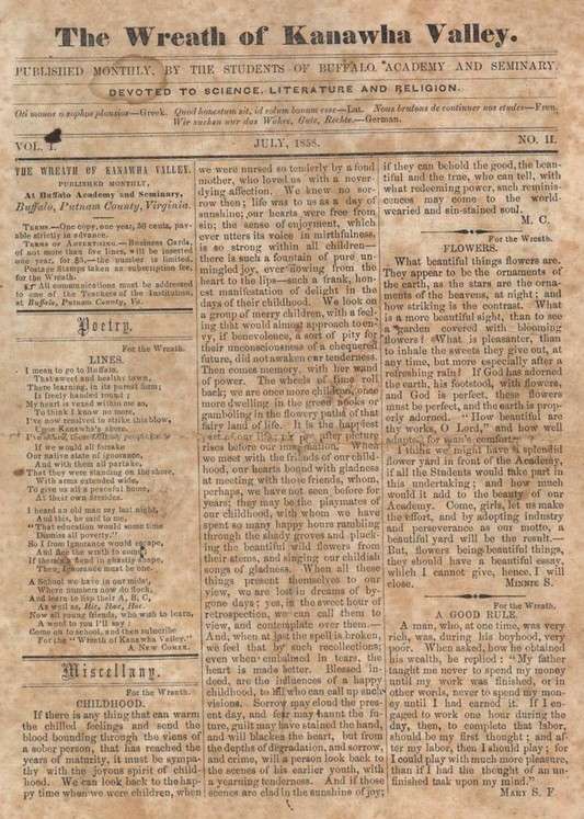 Front Page of an 1858 Issue of "The Wreath of the Kanawha Valley," a student publication at Buffalo Academy