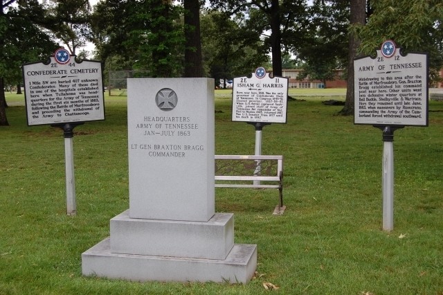 Markers located at this site as well as the small monument marking the location of the Army of Tennessee headquarters. Photo by Sharon N. Goodman.