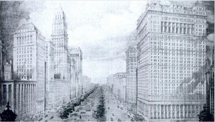 Architect Louis Kamper's vision of Washington Boulevard. The Book brothers wanted to create a "Fifth Avenue of the Midwest' along Washington, but the plan was never fully realized due to the Great Depression.