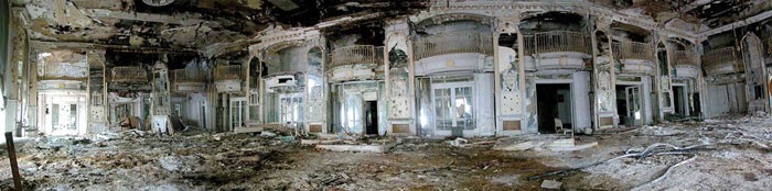 The Book-Cadillac closed in 1984 and suffered years of vacancy, deterioration, and vandalism. Shown is one of the Venetian Ballroom before renovation.