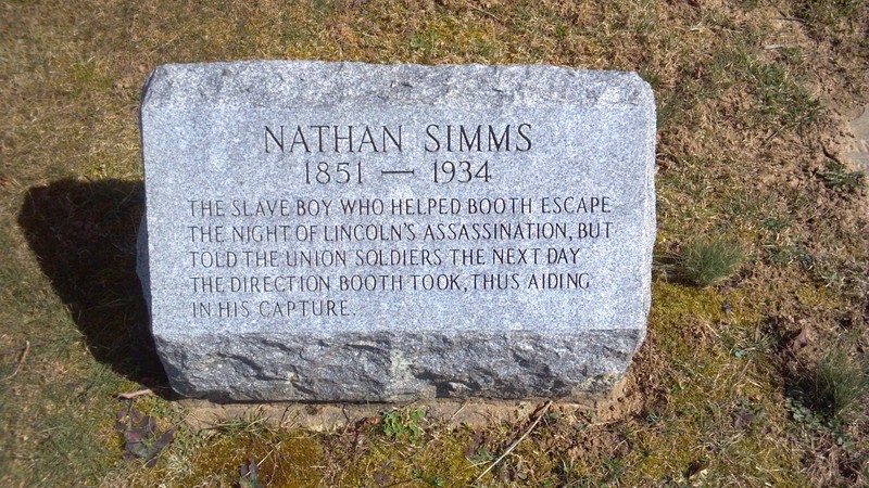Nathan Simms's marker placed in 1960 at the Bradford Cemetery near Marshallton, PA. Famous for being the "slave boy" who helped Booth's escape and capture. lPhoto by Keith S. Smith, 2012, from History Marker Database (see sources).