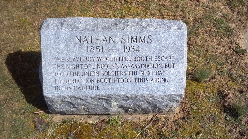 Nathan Simms's marker placed in 1960 at the Bradford Cemetery near Marshallton, PA.  Famous for being the "slave boy" who helped Booth's escape and capture.  lPhoto by Keith S. Smith, 2012, from History Marker Database (see sources).