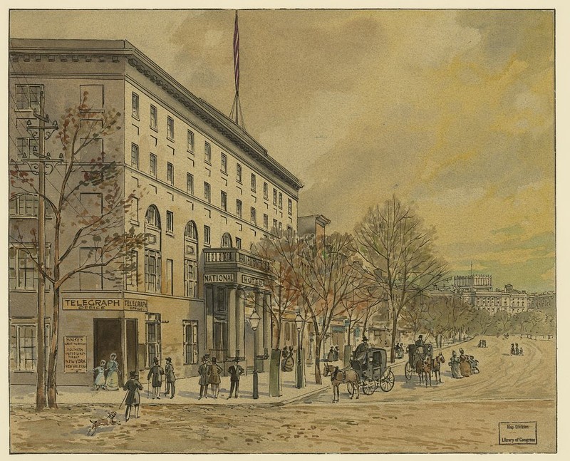 Drawing of the National Hotel from the corner of Pennsylvania Avenue and 6th Street NW.  The unfinished Capitol dome in the background fixes the date around 1860.  (Library of Congress)