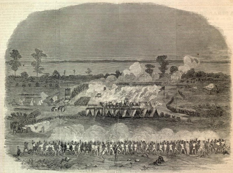 A rendition after the battle depicting the 6th Regiment of the New York Volunteers Zouaves attacking the Confederate camp on the island 