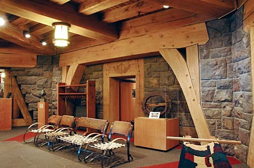 Large wood beams are the building's main structural elements.