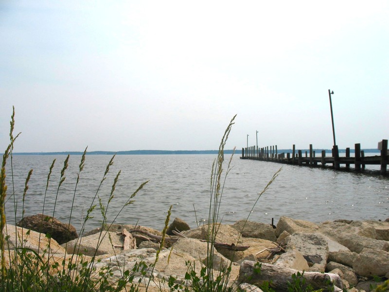 The Potomac River and Virginia beyond, looking from the Maryland side near a likely spot where John Wilkes Booth launched in a boat hidden at Dent's Meadow.  Booth's trip was late at night and on rough water.