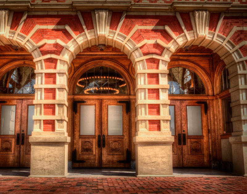 Red-and-white stonework.