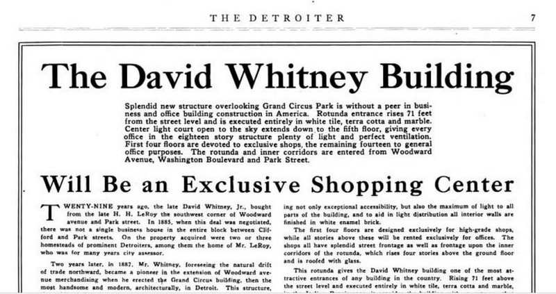 A 1914 article from The Detroiter about the opening of the new David Whitney Building