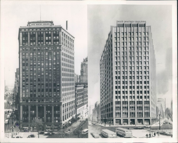 A side-by-side comparison of the original exterior next to the "modernized" exterior created in the 1950s