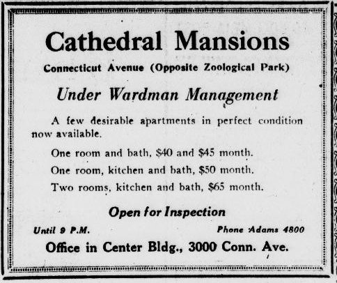 Advertisement for Cathedral Mansions from 1927. Library of Congress.