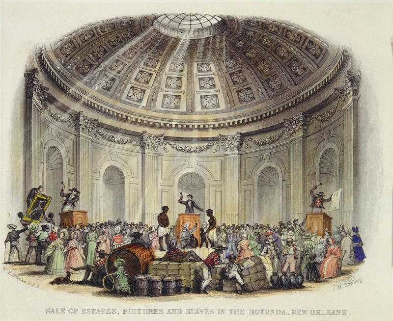 Slave traders sell human being in the rotunda of the St. Louis Hotel in 1842. 