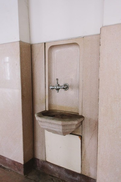 Built-in drinking fountains found throughout the building