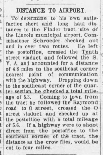 Newspaper clipping detailing the importance of distance from the post office in deciding the site of Lincoln's airport