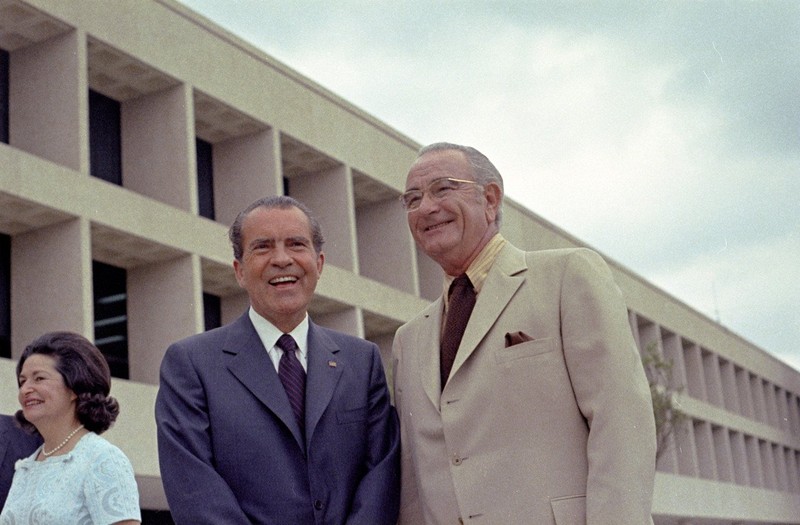 Lyndon Johnson and President Richard Nixon at the dedication of the Lyndon Johnson Library and Museum, May 22, 1971