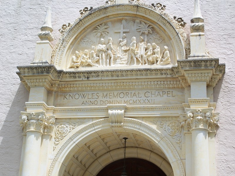 Detail of the relief adorning the entrance of Knowles Memorial Chapel