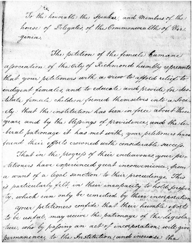 Page 1 of the 1810 petition to incorporate the Female Humane Association of Richmond, in Legislative Petitions of the General Assembly, 1776-1865, Accession 36121, Library of Virginia, Richmond, Va.