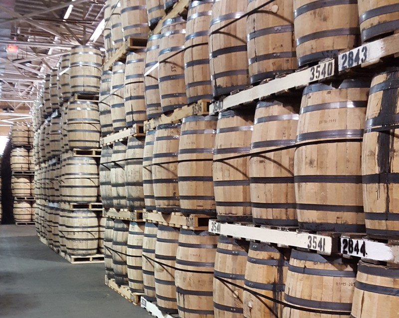 Aging spirits in oak barrels at the A. Smith Bowman Distillery