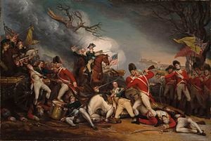 John Trumball painting of the death of General Hugh Mercer. Mercer is being bayoneted by British Soldiers in the center. 