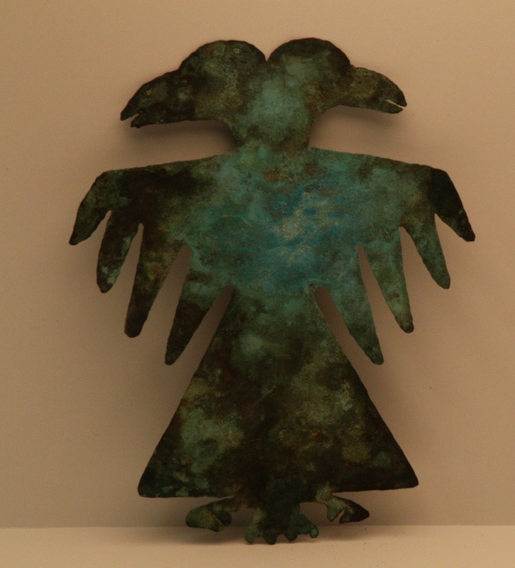 Pictured is a double headed copper bird effigy. Avian themed copper plates were thought to depict aspects of The Birdman, a major figure in Mississippian iconography closely associated with warfare and ritual dancing