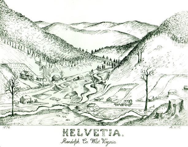 This drawing was probably done by settler Ulrich Müller in 1876 and is the earliest surviving image of the community. Müller was one of the original six men who traveled from New York to Randolph County to inspect the land. 