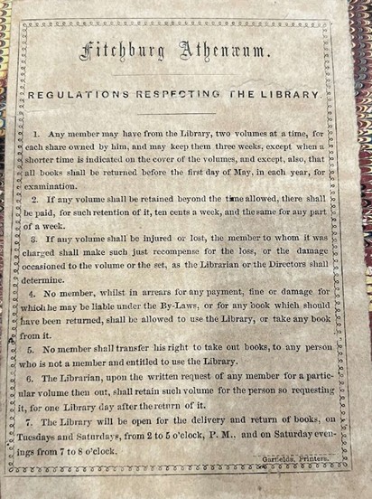 The Atheneum had rules and regulations visitors were required to follow upon their visit. This image lists the regulations implemented at the Atheneum.