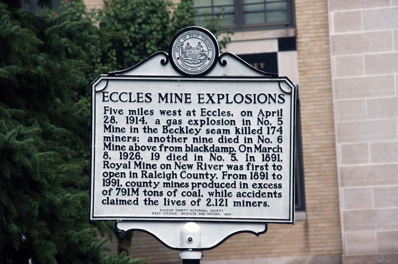 Another marker commemorates the 1914 and 1926 Eccles mine explosions, which occurred about five miles away. Image obtained from the Historical Marker Database.