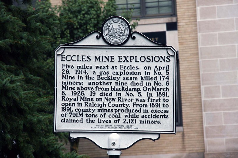 Another marker commemorates the 1914 and 1926 Eccles mine explosions, which occurred about five miles away. Image obtained from the Historical Marker Database. 