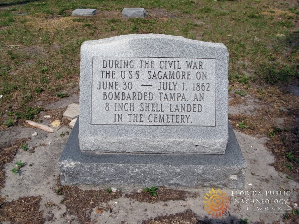 This marker describes the landing of a shell from the Sagamore that landed in just inside the gate of Tampa's Oaklawn Cemetery. The marker sits where the shell landed.