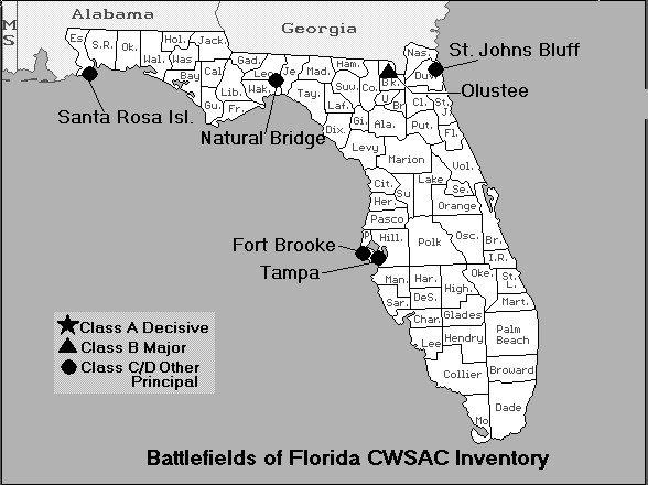 Map denoting the more well-known battles to take place in Florida during the Civil War