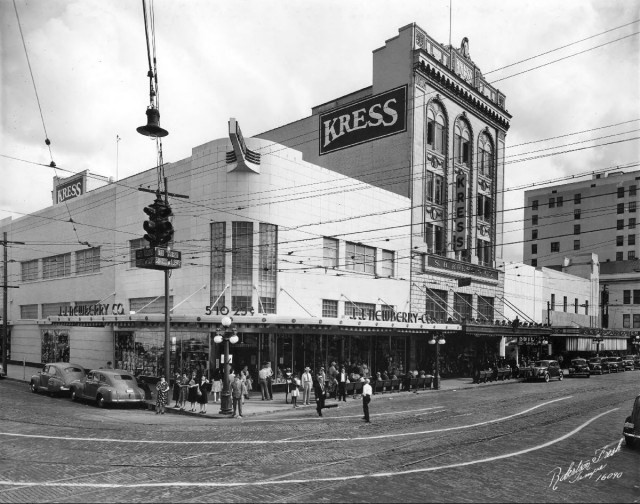 Kress building with the Woolworth building on the left and JJ Newberry building on the far right in the 1940s