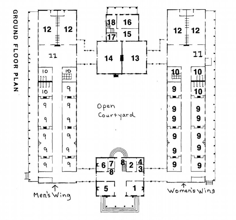 Floorplan with historic uses by Morris 1983 (modified 2013 by Messick)