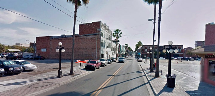 View of 7th Ave. An X marks where the restaurant once stood