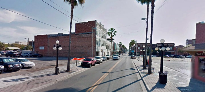 View of 7th Ave. An X marks where the restaurant once stood