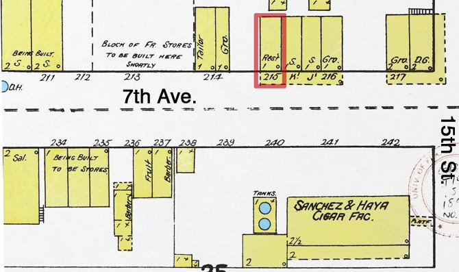 1892 Map of 7th Ave. Novedades marked in red