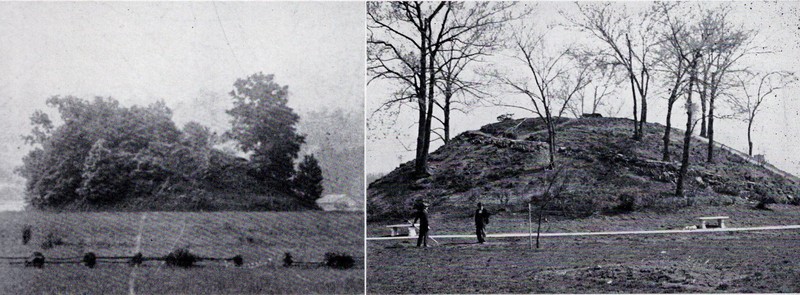 Two side-by-side photographs from the April 1942 issue of "Carbide News," the official Union Carbide Corporation publication, show the mound as it appeared in 1907 (L) and 1942 (R). Carbide, a pioneer in the chemical industry, had a plant in the city.