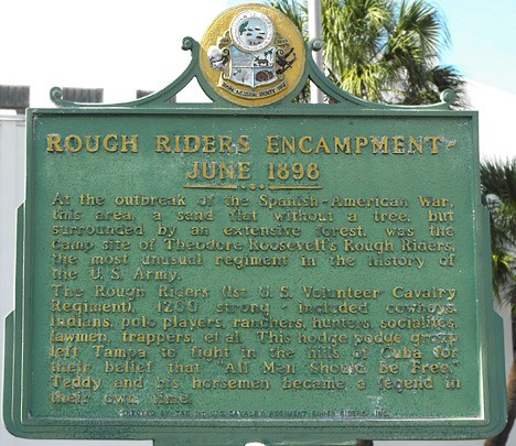 A marker commemorating the Rough Riders camping at the grounds that now hold the armory 