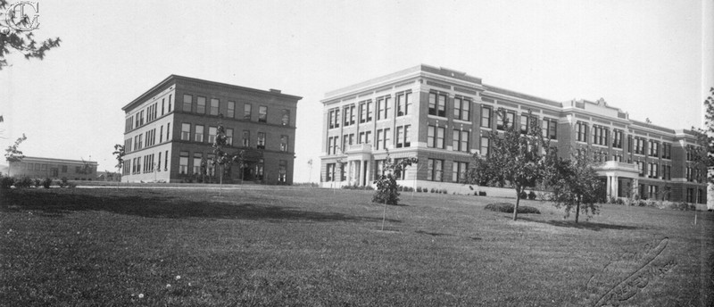 The Normal School at right, Training School center, and in the background, at left, is the Manual Arts building