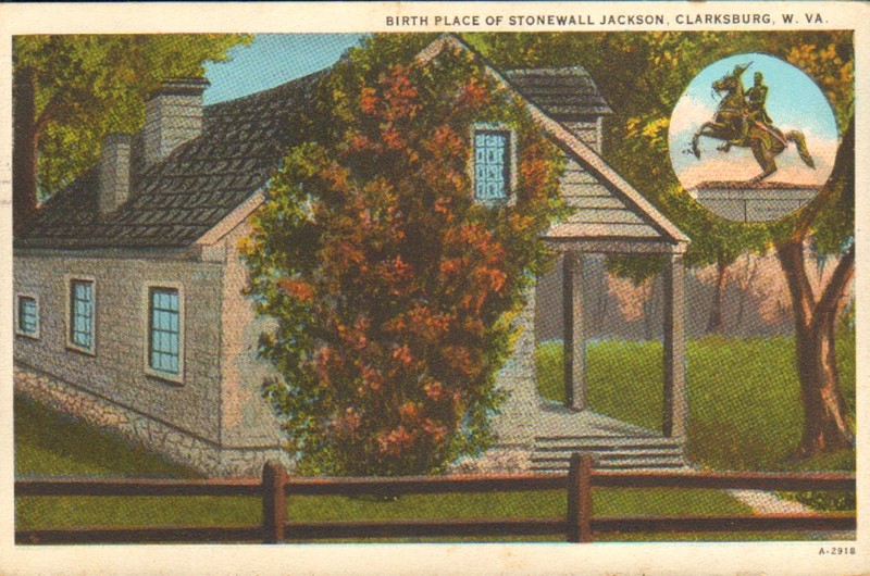 Color postcard of an artist's rendering of the Thomas J. "Stonewall" Jackson birthplace in Clarksburg, WV. 