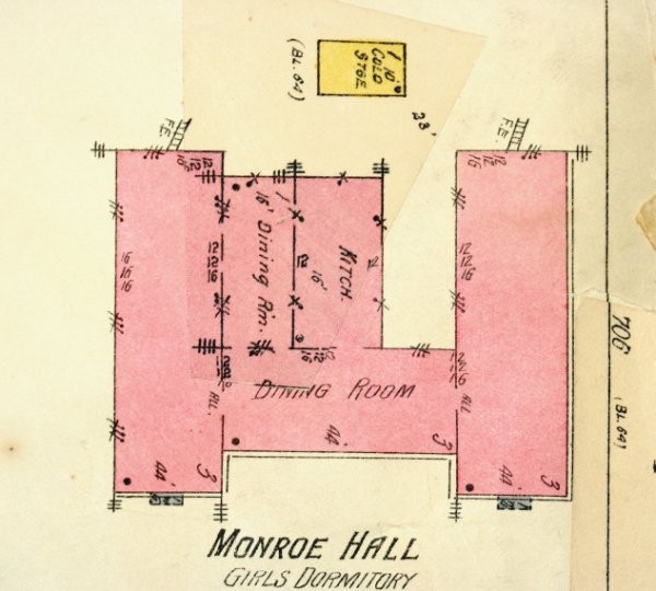 1916 Monroe Hall layout from Sanborn fire insurance map.