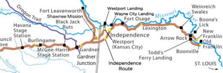Map showing the divergence of the trail from Westport through New Santa Fe after the Red Bridge was built