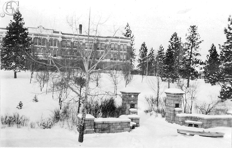 Herculean Pillars and Normal School Administration building in winter or 1937. Photo by Graham Dressler.