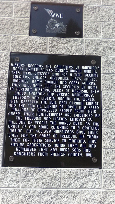 Picture is of front panel with inscription honoring the 265 men and women from Raleigh County, WV who died during World War II