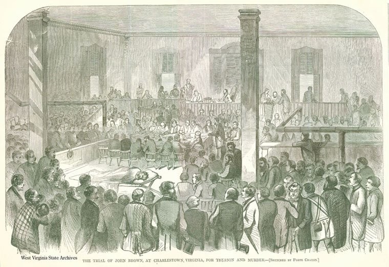 The courthouse became famous for hosting the trial of John Brown October 1859. For the entire trial Brown was confined to a stretcher due to his injuries. Image obtained from the West Virginia Division of Culture and History.