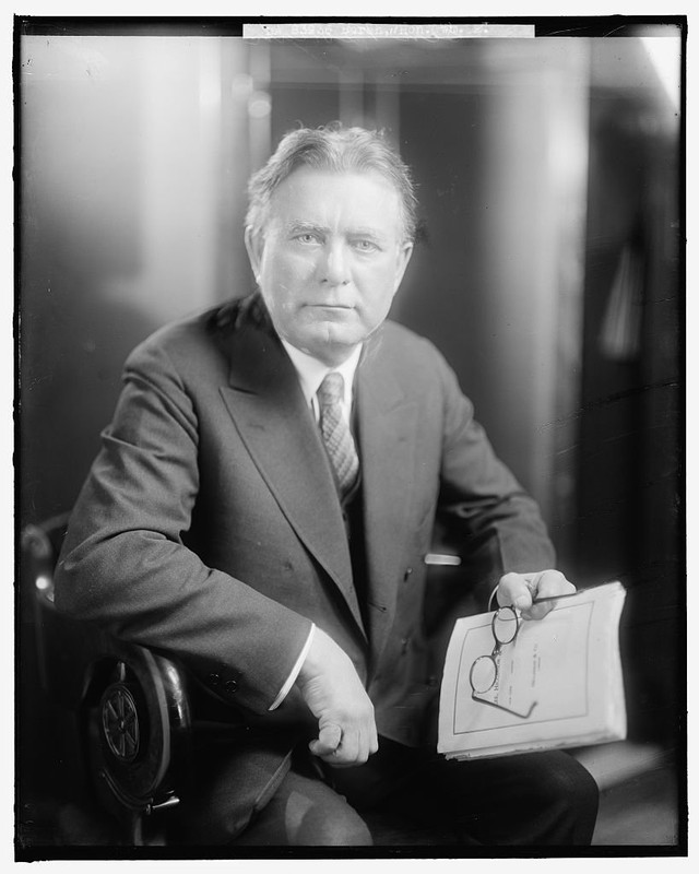Senator William E. Borah, known for contributing to labor policy and defeating the Treaty of Versailles. Photo, undated, by Harris & Ewing, Library of Congress.